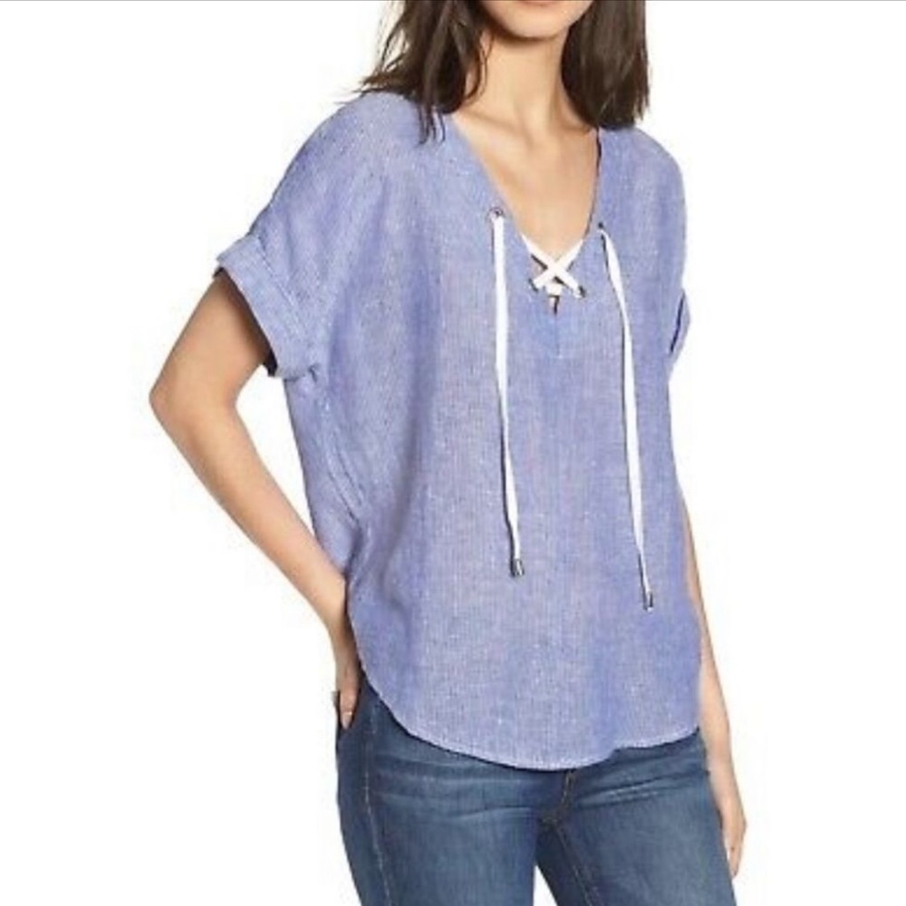 Rails Jeri Lace Up Striped Top Blue St. Germain Linen Lace-up Shirt Sleeve Shirt